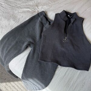 Gray Ribbed Sleeveless Top and Pants Set